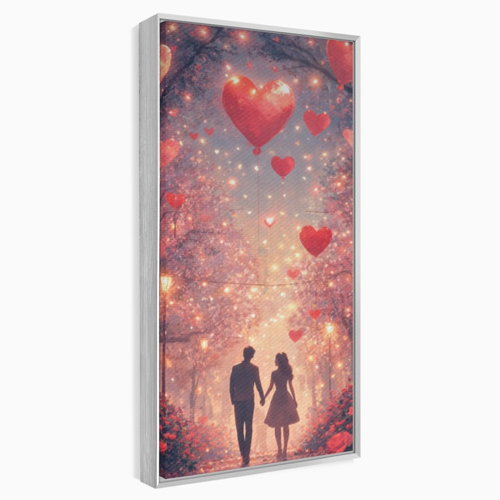 Tablou canvas cu ilustratie cu un cuplu pe alee, in rama de aluminiu argintiu